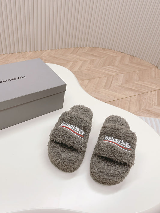 巴黎世-2023新款 厚底毛毛拖鞋 灰色