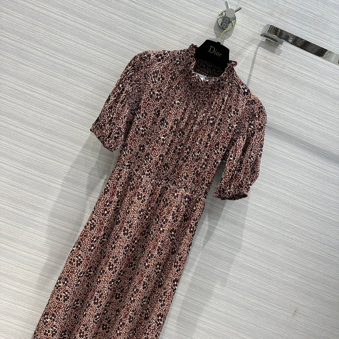 迪D家-2403 24春夏新品赫本風復古抽像元素印花絲質洋裝 紅色