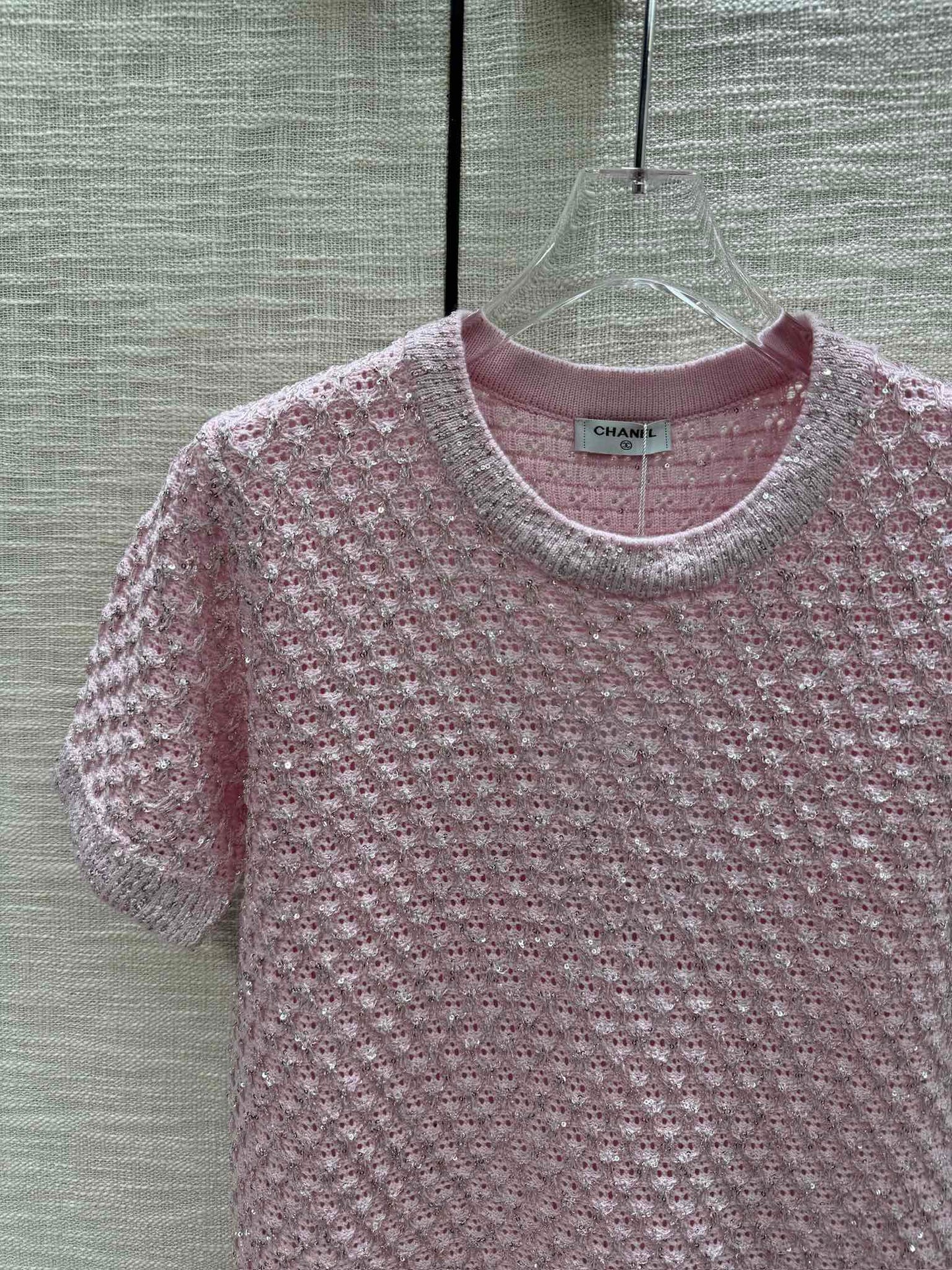 小香家-2403 黑銀亮片針織短袖 粉色