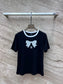 小香家-2403 亮片蝴蝶結刺繡短袖TEE 黑色