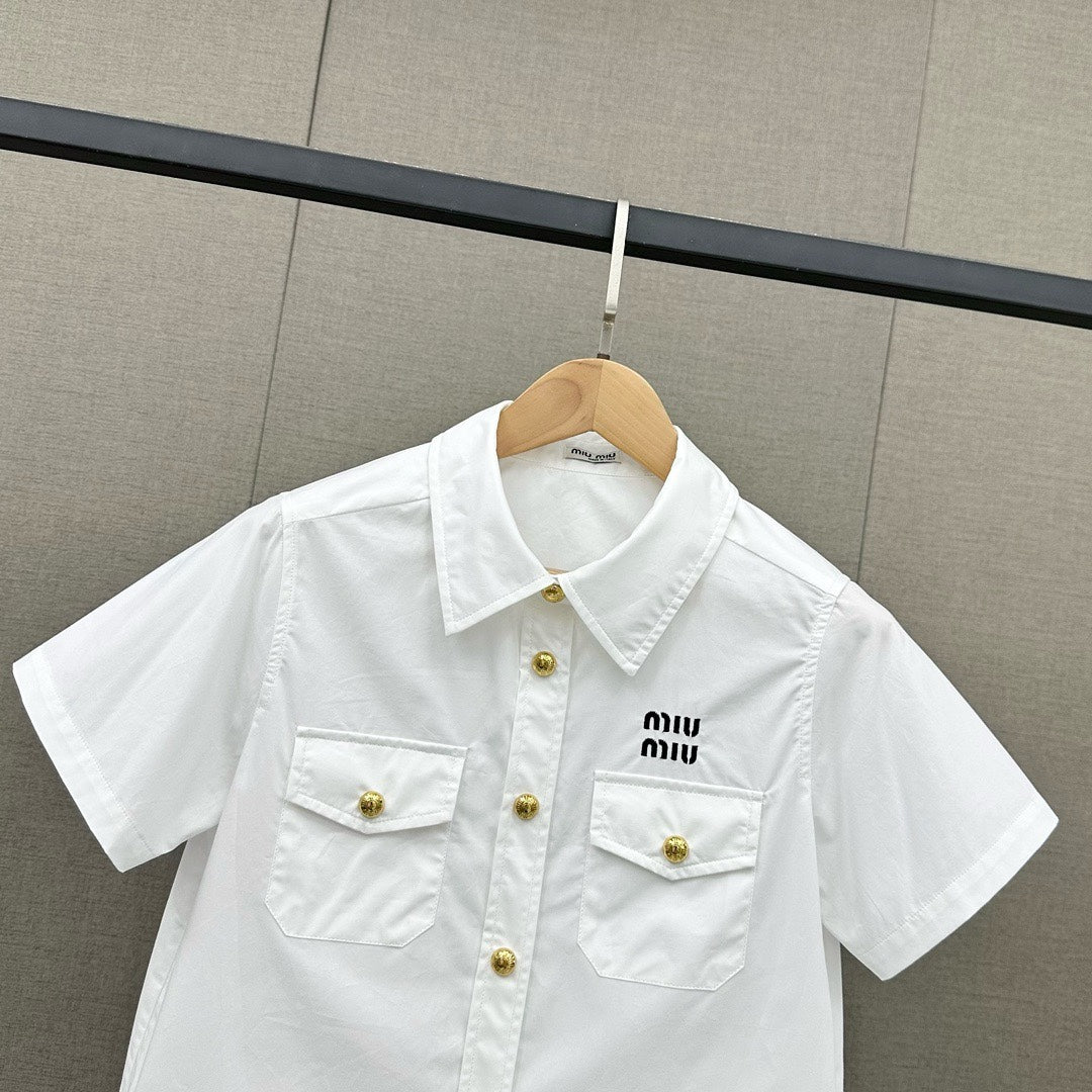 穆Ｍ家-2404 字母刺繡棉質短袖襯衫 白色