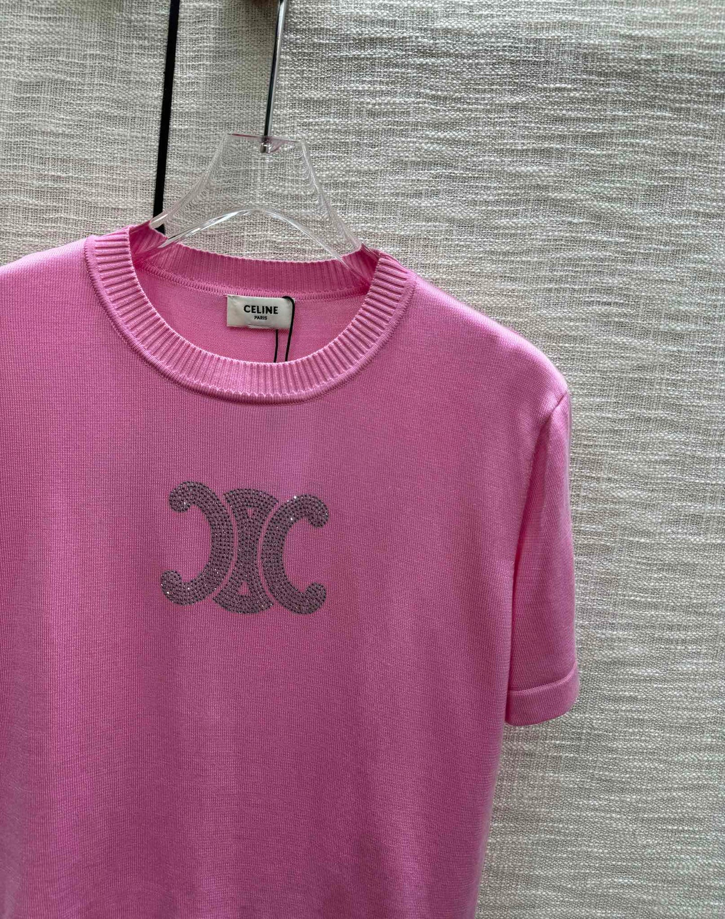 賽C家-2403 24春夏燙鑽logo針織短袖 粉色
