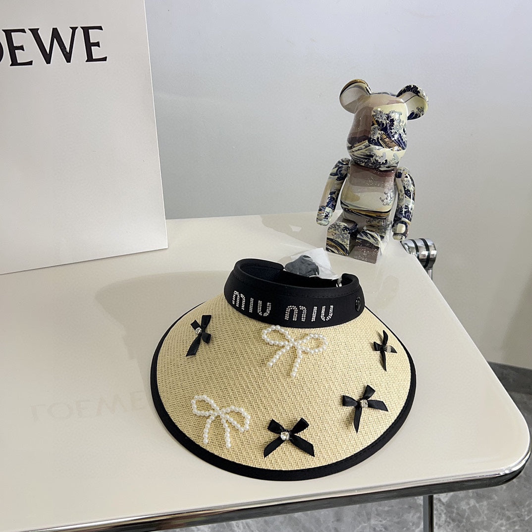 穆M家-2024夏季新款珍珠蝴蝶結遮陽帽 杏色