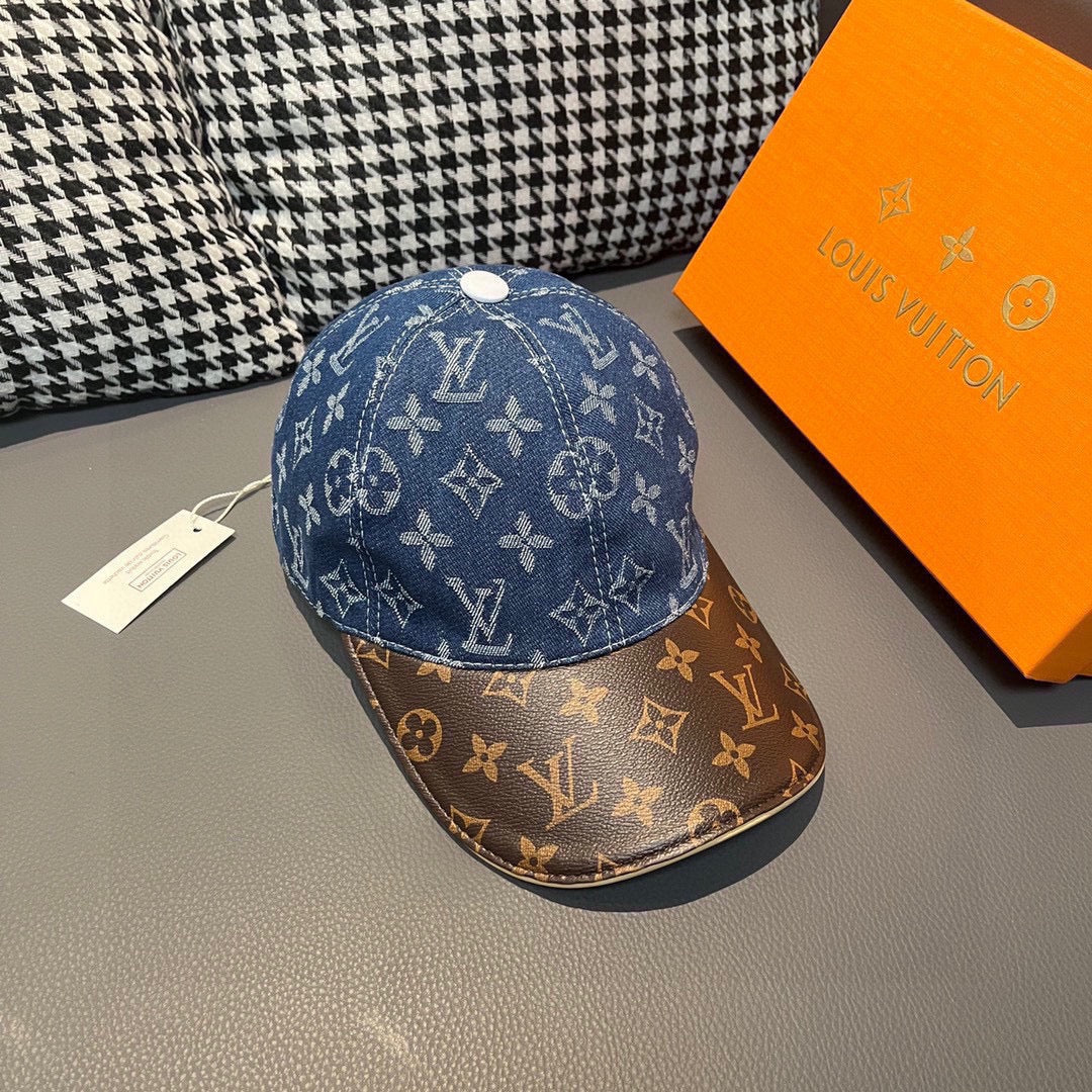 路L家-新款 老花牛仔拼皮鴨舌帽 藍色