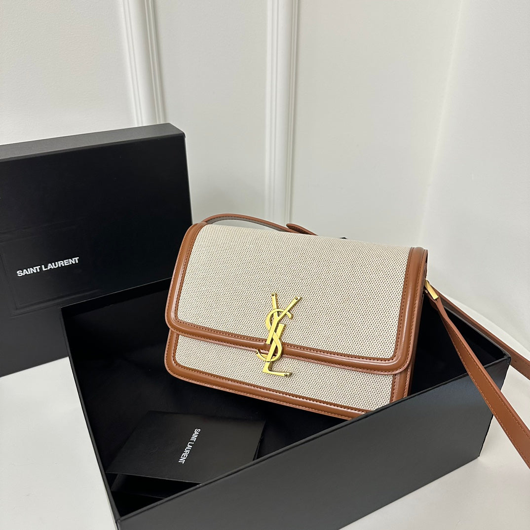 聖Y羅-BOX SAINT LAURENT 豆腐包 大號 棉麻米色