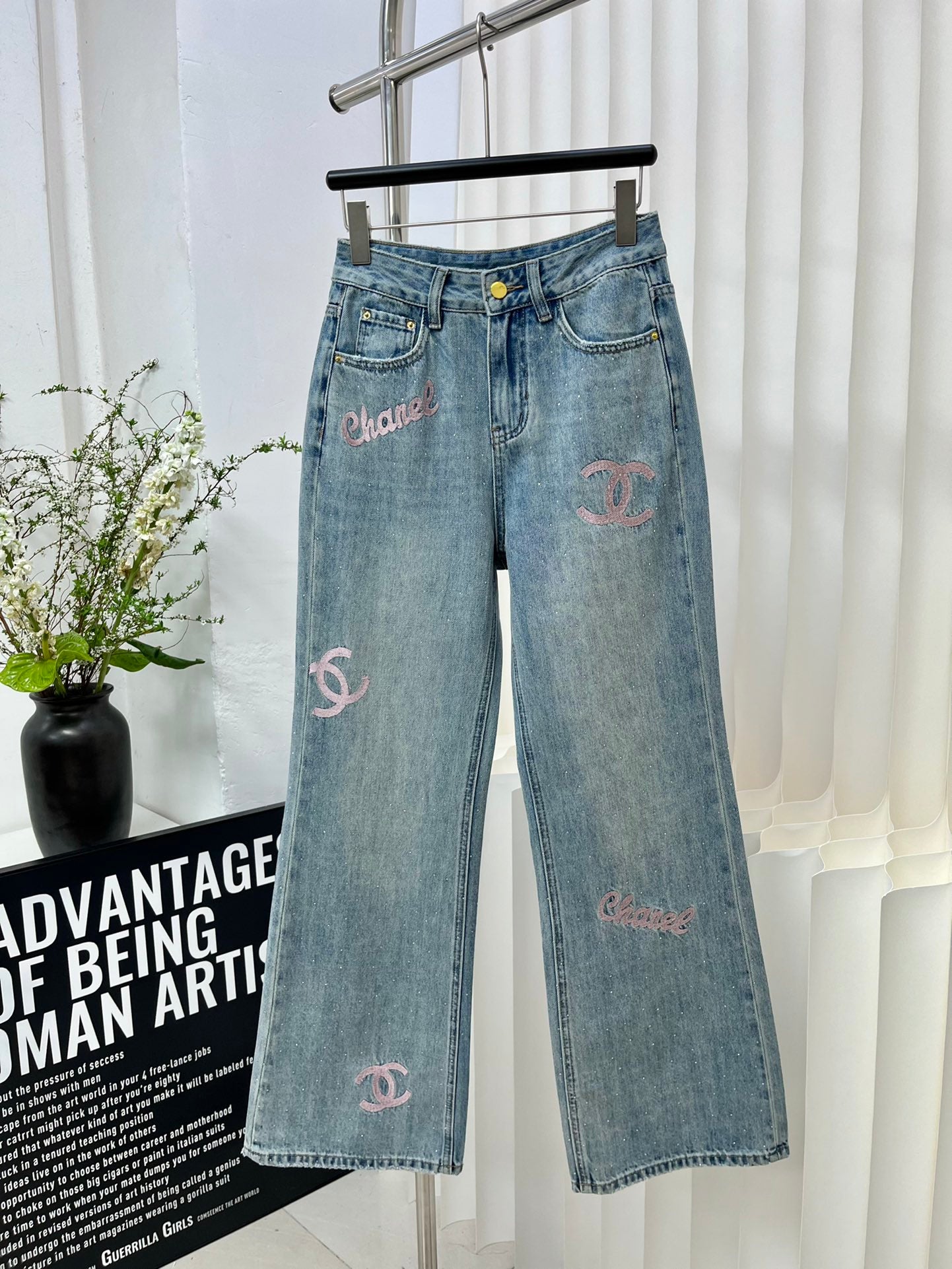 小香家-2403 撞色logo刺繡牛仔褲 粉色