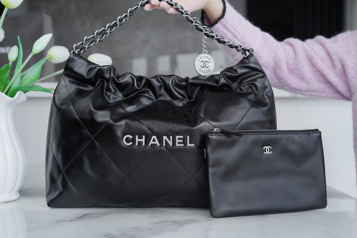 小香家-Chanel 22號手袋 橫版 黑銀色