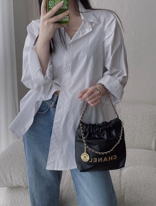 小香家-Chanel 22號手袋 黑金鍊條 黑色