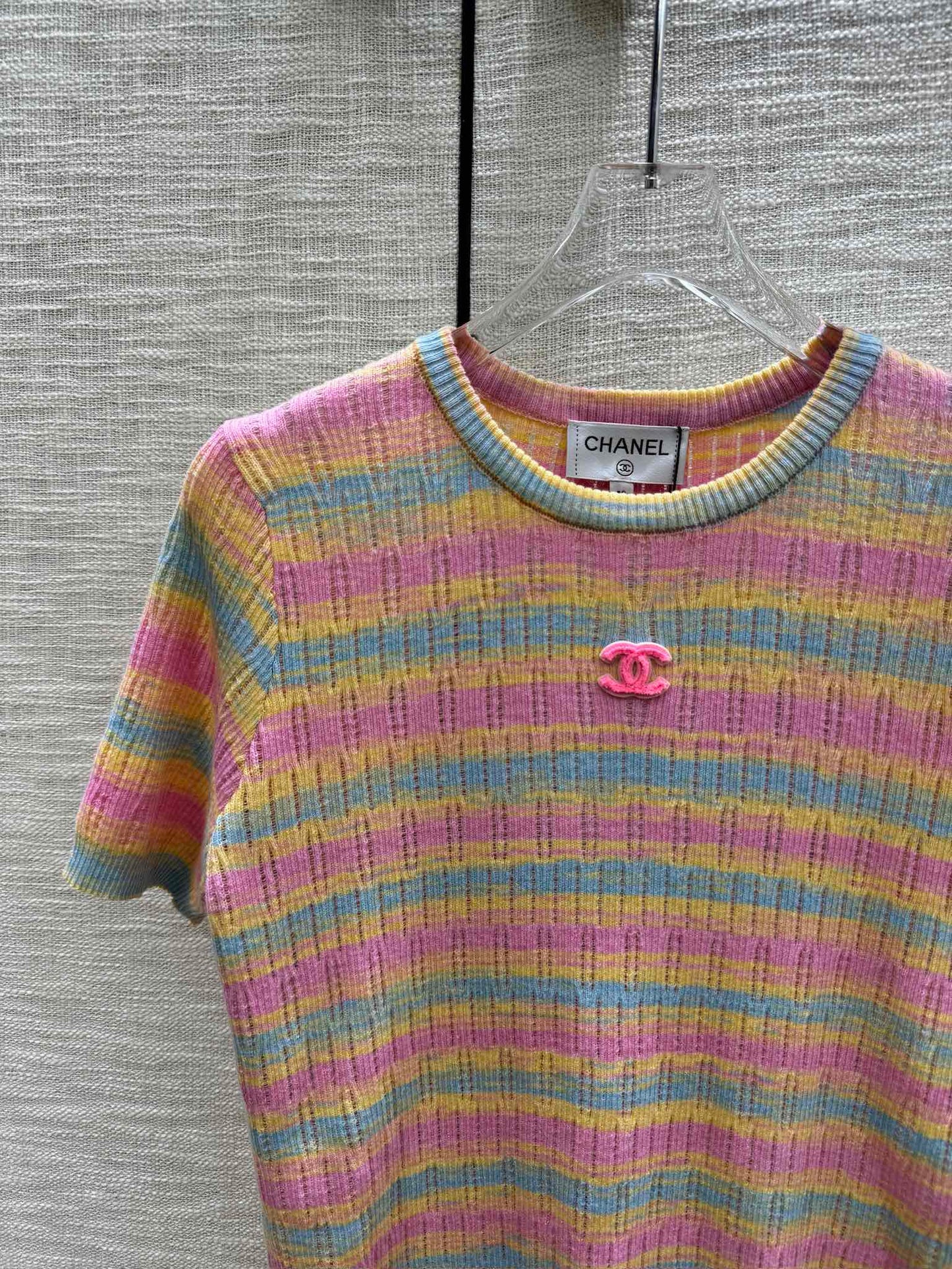 小香家-2403 馬卡龍色系條紋針織短袖 粉色