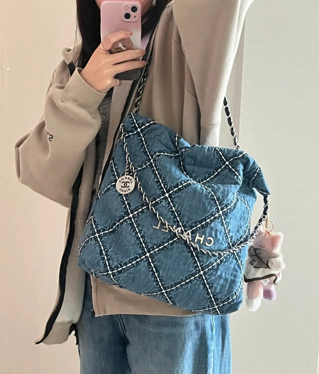 小香家-春夏新款 Chanel 22號手袋 菱格紋縫線牛仔布