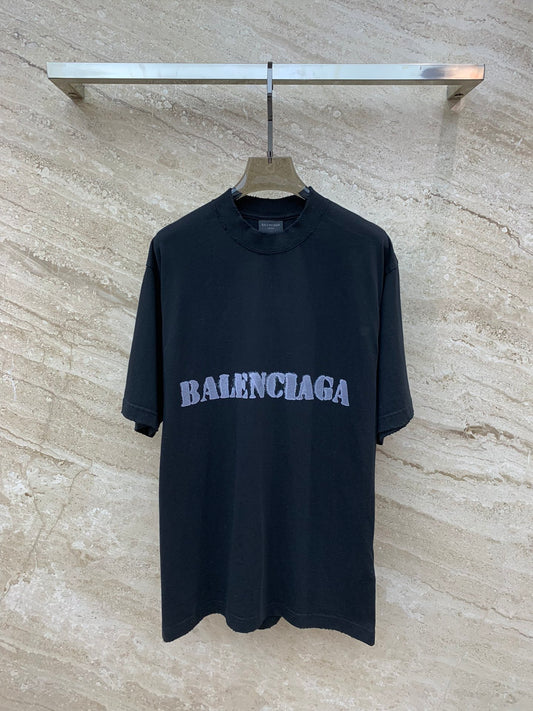 巴黎世-2403 復古做舊字母破壞短袖TEE 黑色