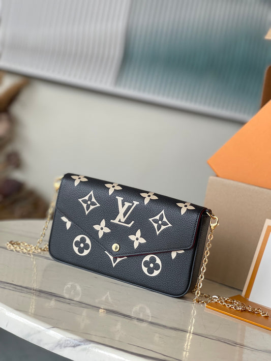 M64064 路L家-Pochette Felicie Empreinte壓紋斜背包 黑色絲網款