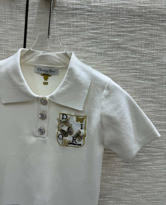 迪D家-2403 刺繡蝴蝶polo領針織短袖 白色