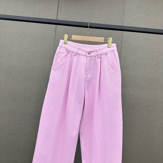 小香家-2403 春夏logo高腰闊腿牛仔褲 粉色