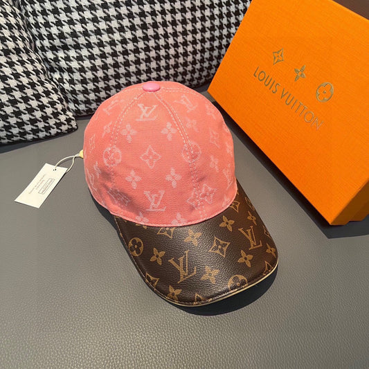 路L家-新款 老花拼皮鴨舌帽 粉色