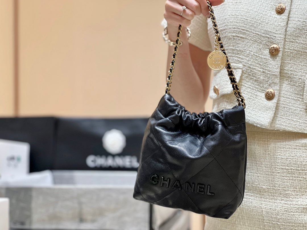 小香家-Chanel 22號手袋 魚子醬皮黑金色 小號