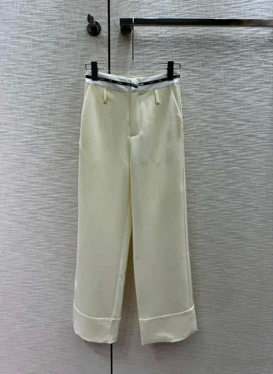賽C家-2404 撞色拼接高腰闊腿褲 杏色