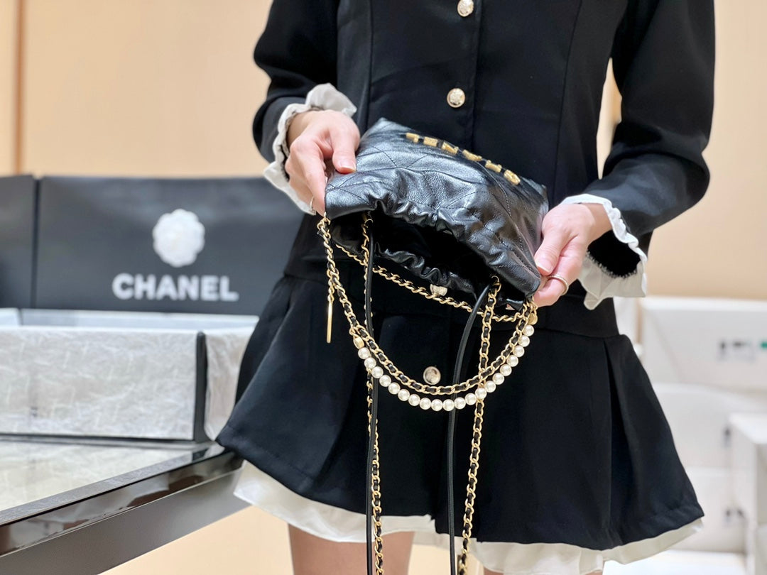 小香家-Chanel 22號手袋 黑色 雙鍊條 珍珠鍊