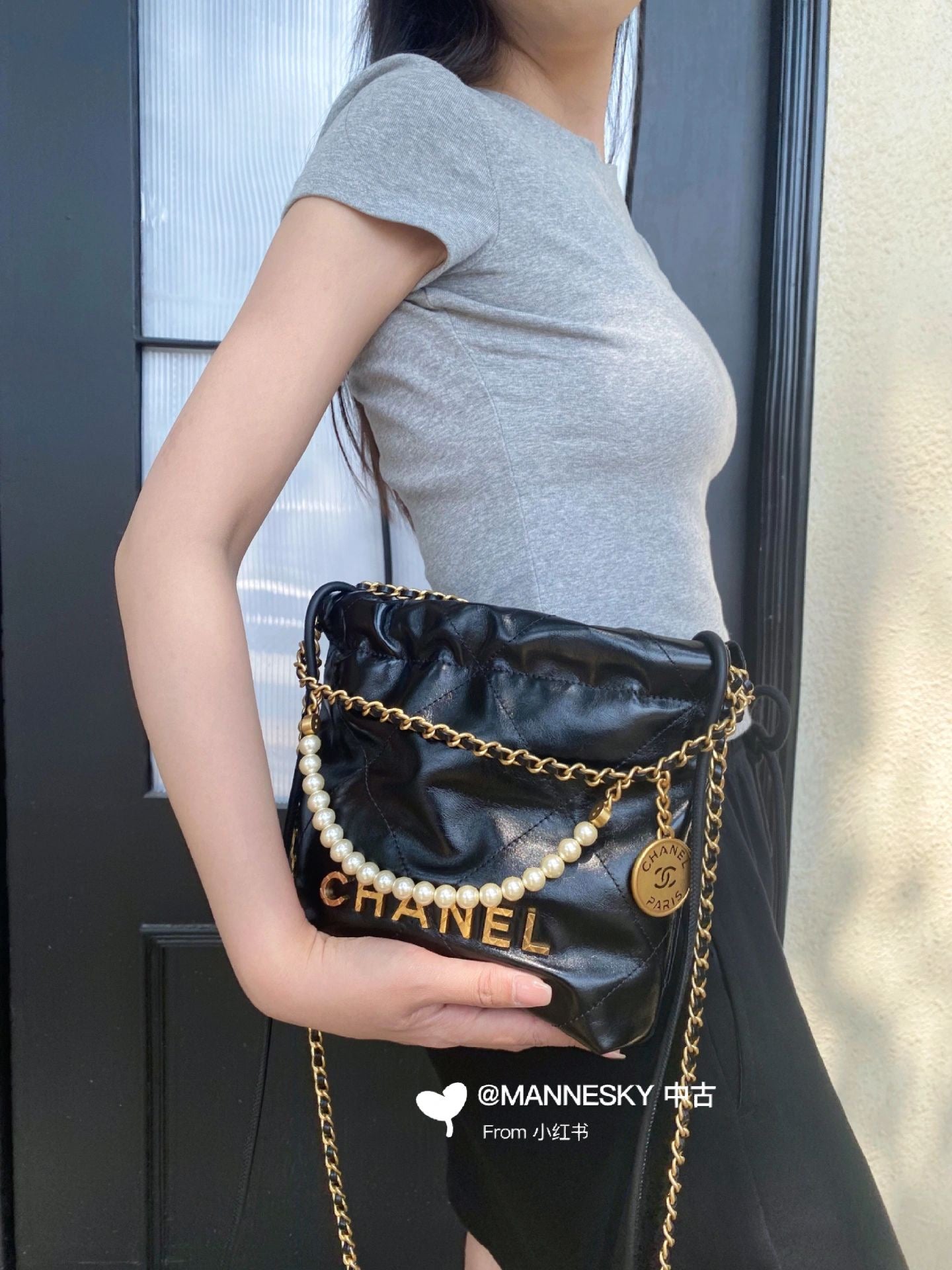 小香家-Chanel 22號手袋 黑色 雙鍊條 珍珠鍊