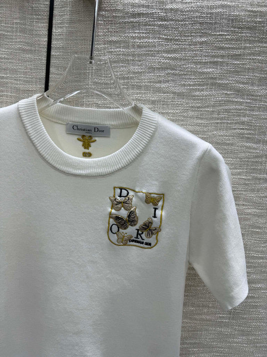 迪D家-2403 刺繡蝴蝶圓領針織短袖 白色