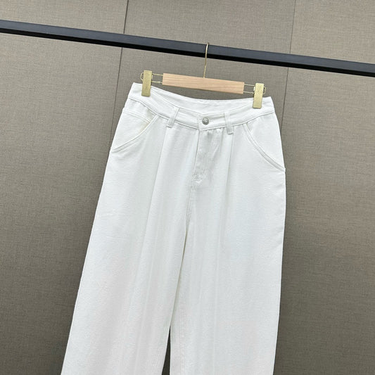 小香家-2403 春夏logo高腰闊腿牛仔褲 白色