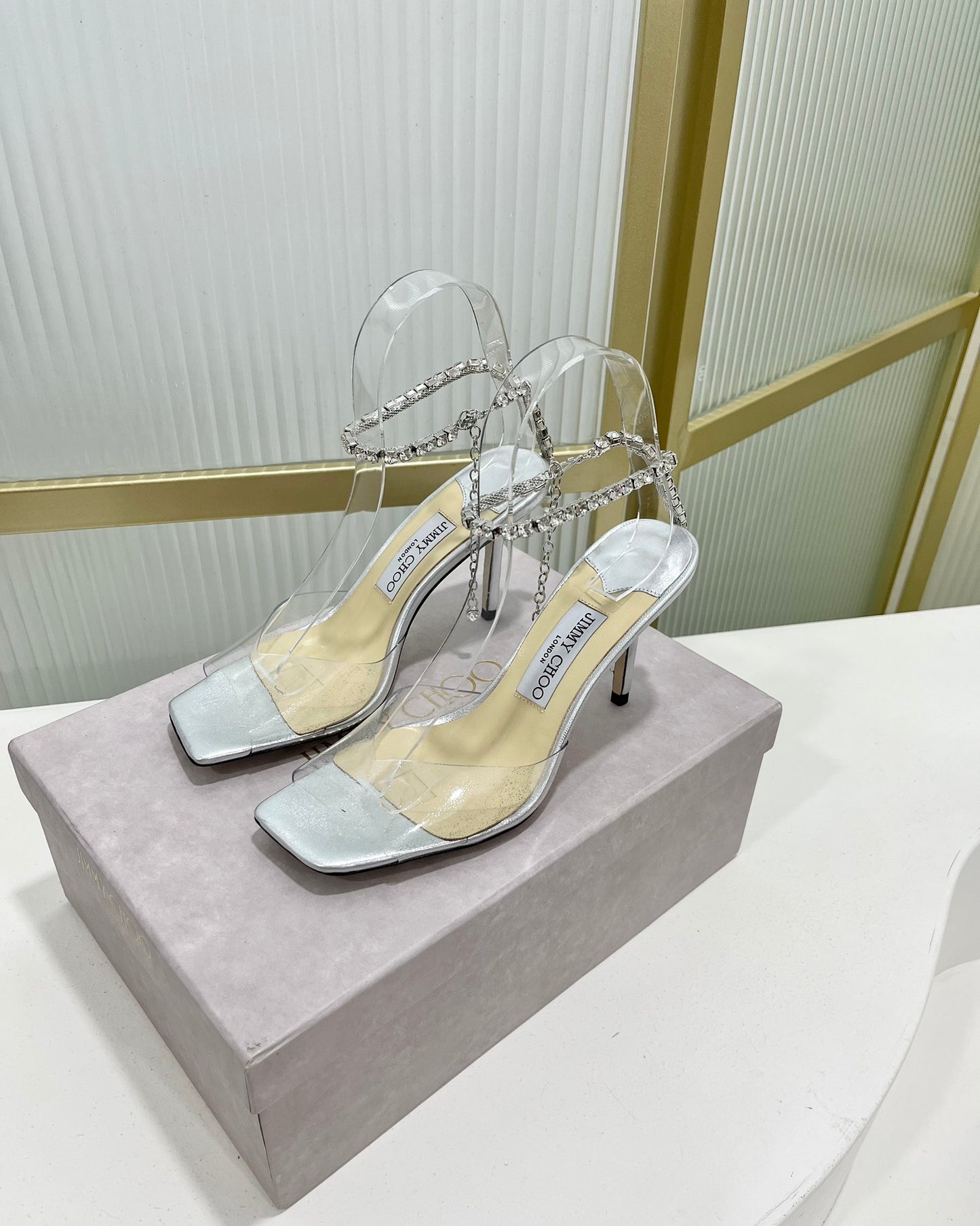 JC傑米-2023新款 魚口Y鏈高跟涼鞋 8.5CM 銀色