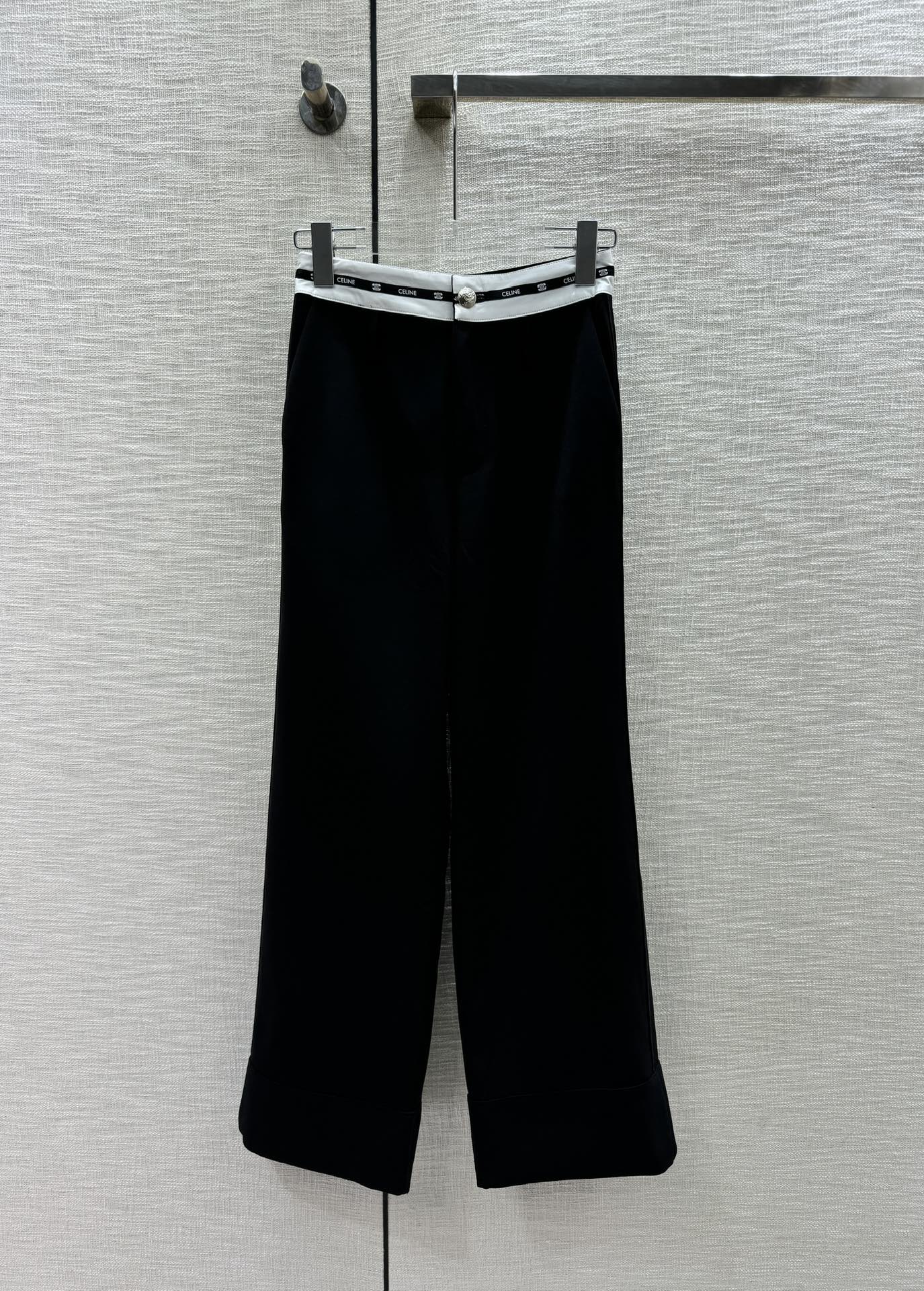 賽C家-2404 撞色拼接高腰闊腿褲 黑色