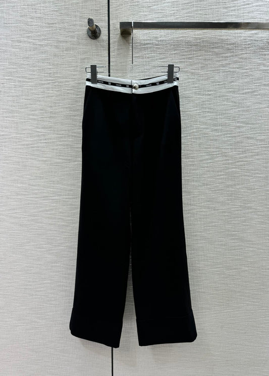 賽C家-2404 撞色拼接高腰闊腿褲 黑色
