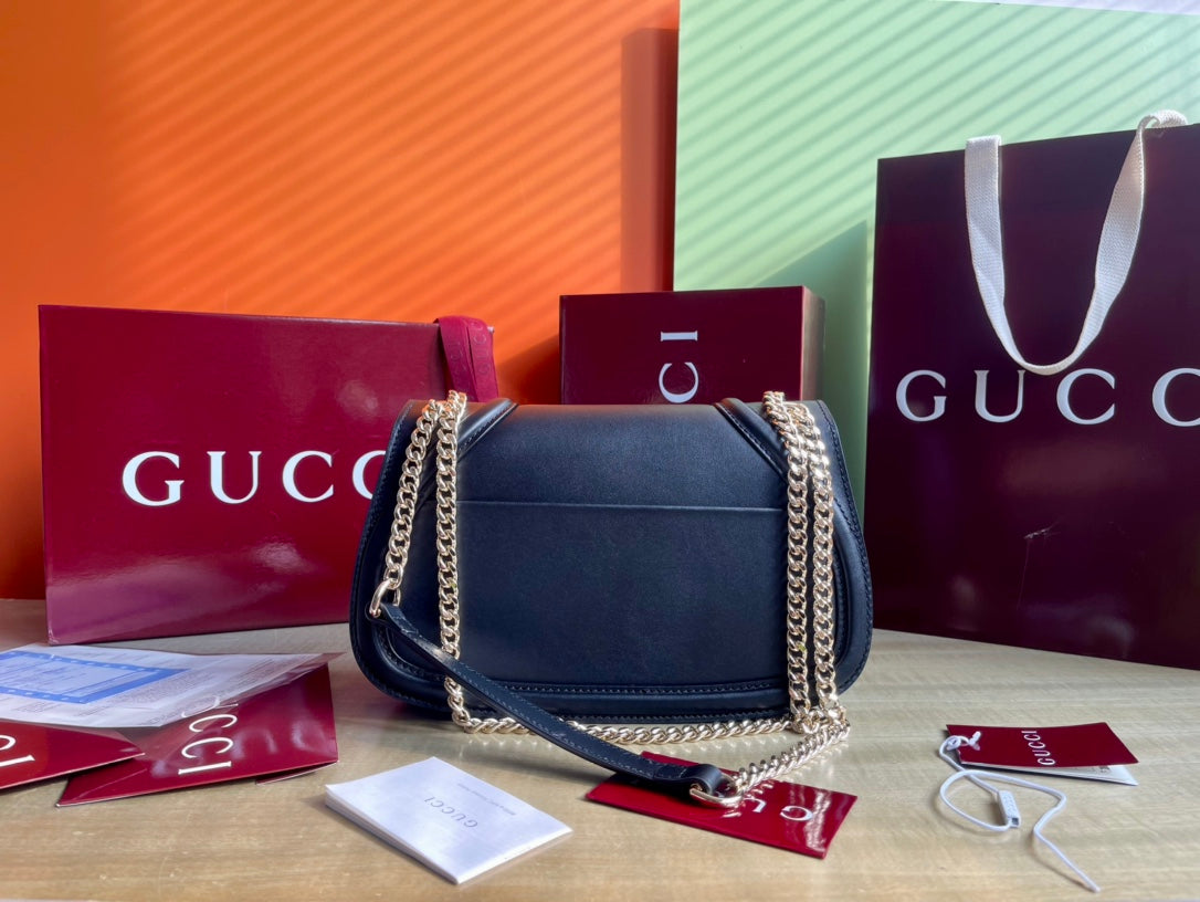古G家-黑皮革滾邊金鍊肩帶 藍色