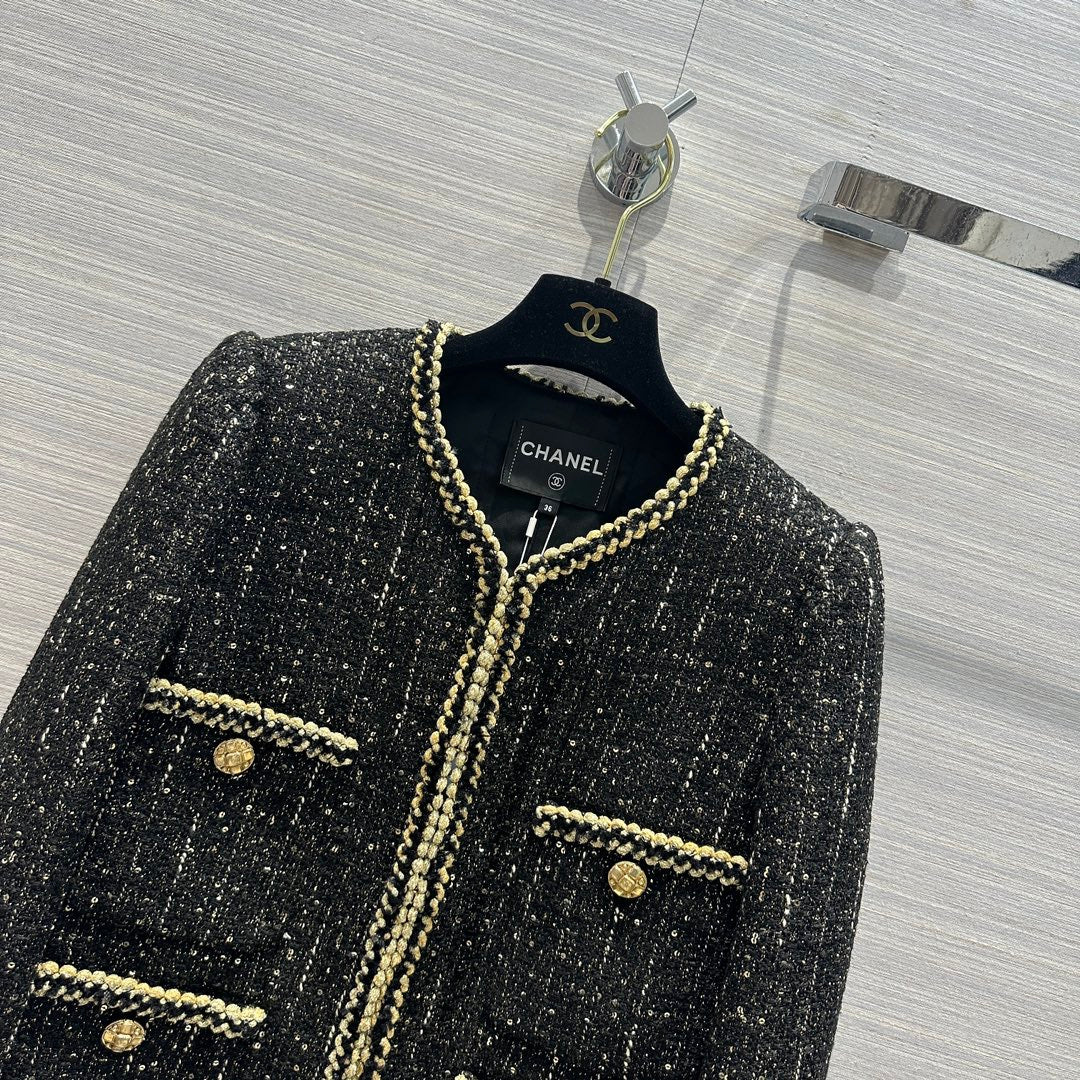 小香家-2403 滿天星重工金屬感雙色手工編織帶黑金外套