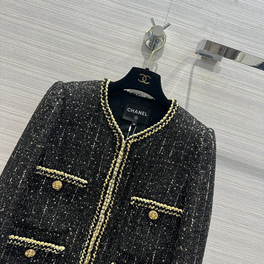 小香家-2403 滿天星重工金屬感雙色手工編織帶黑金外套
