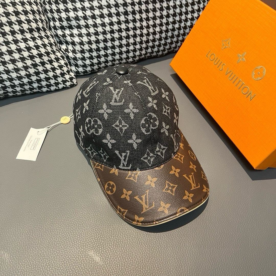路L家-新款 老花牛仔拼皮鴨舌帽 黑色