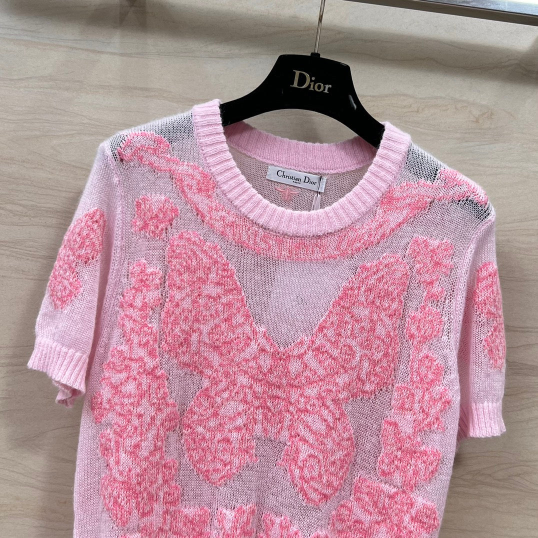 迪D家-2403 24早春新品重工蝴蝶花卉刺繡羊絨針織短袖上衣 粉色