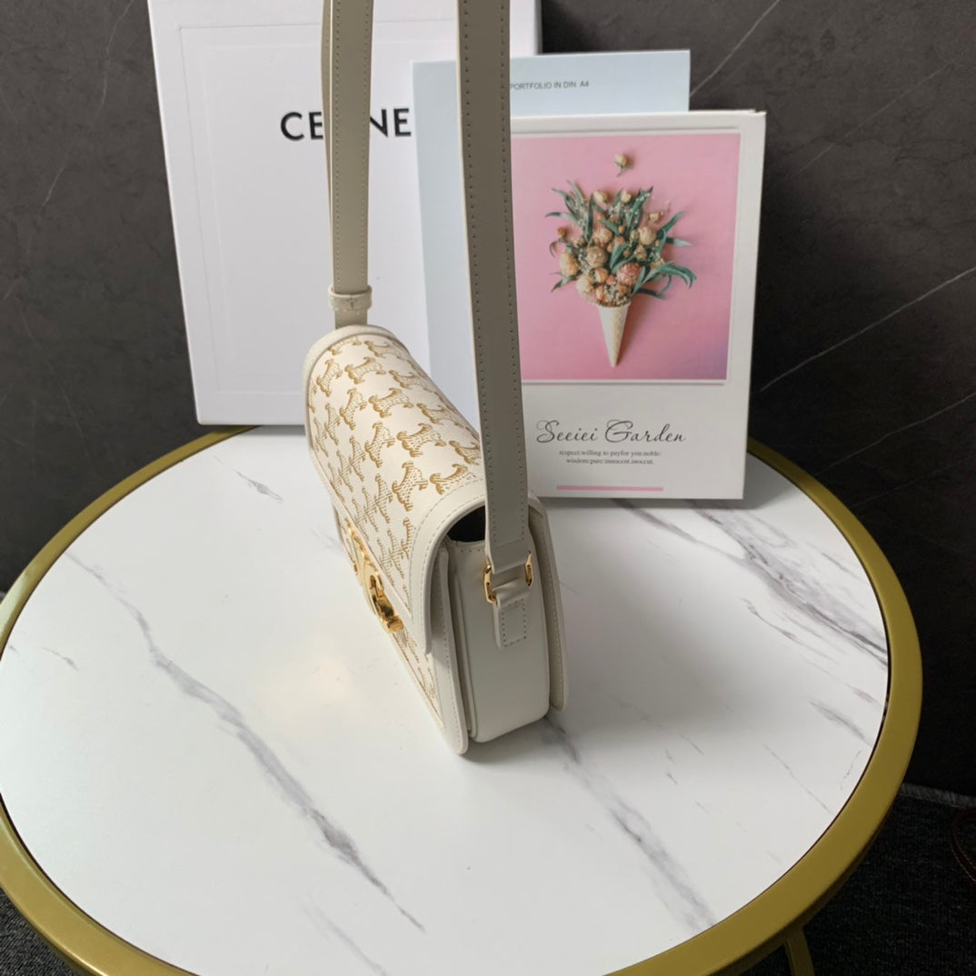 賽C家-TRIOMPHE經典麻布拼接白牛皮手袋 經典白