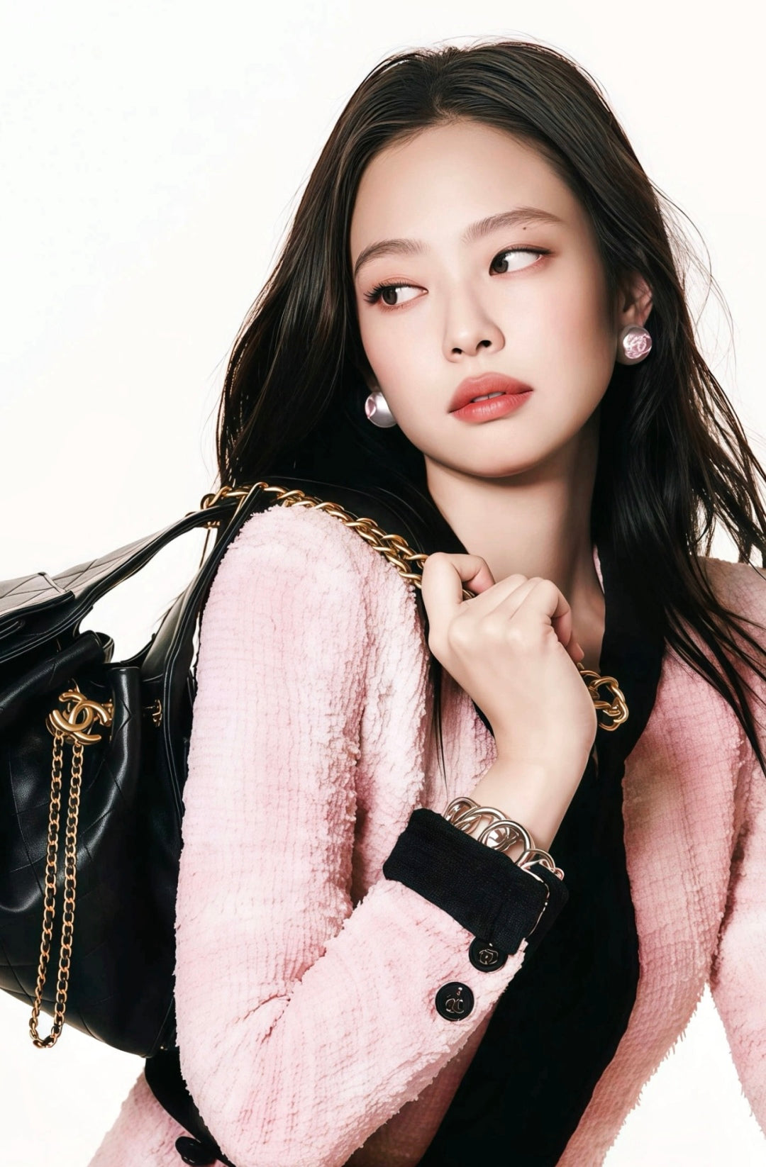 小香家-25P雙C珍珠耳環-黑色/粉色 Jennie同款
