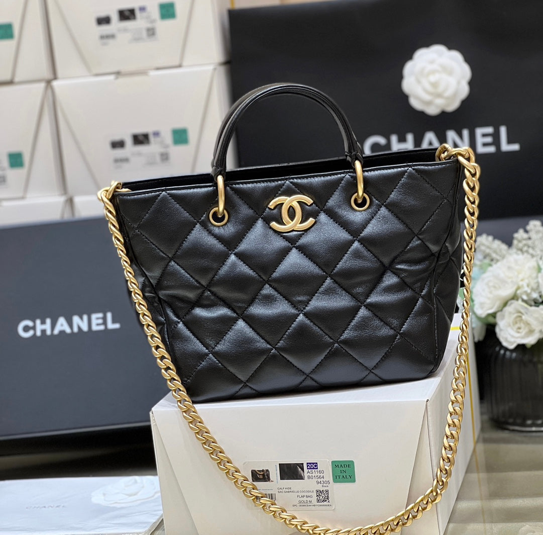 小香家-Chanel 23B 羊皮菜籃子tote斜背包/手提包 黑色