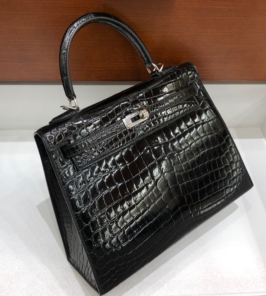 小愛款-Birkin 25 美洲方塊鱷魚 黑色 銀扣