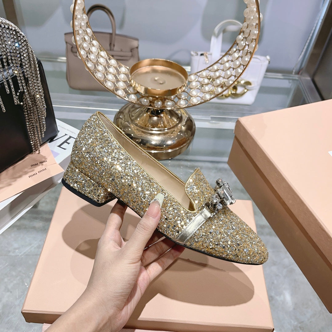 穆M家-2023秋冬新款 水鑽瑪麗珍單鞋 金色