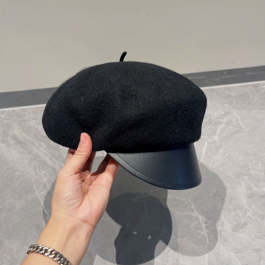 小愛款-羊毛呢拼皮貝雷帽 黑色