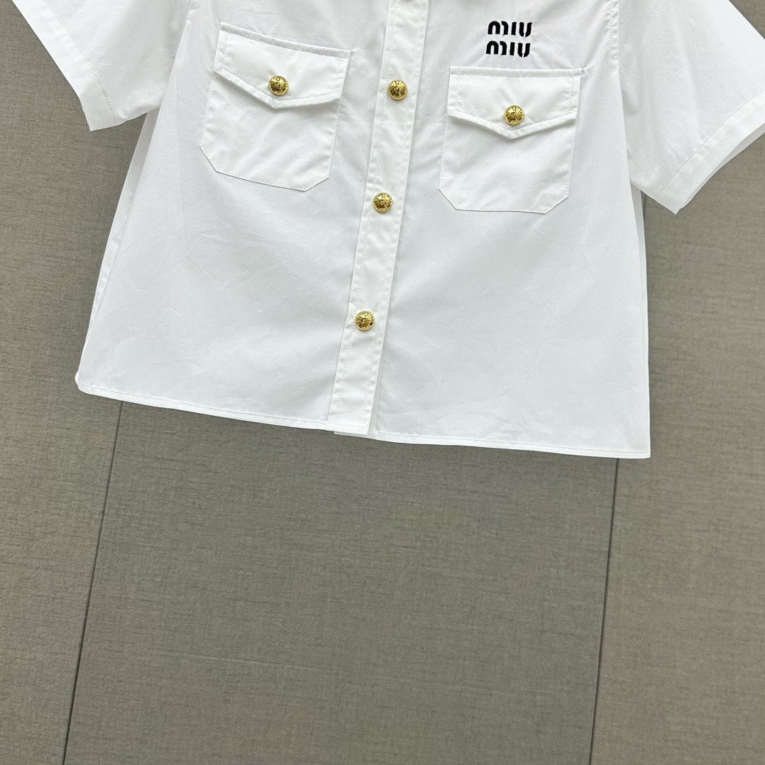 穆Ｍ家-2404 字母刺繡棉質短袖襯衫 白色