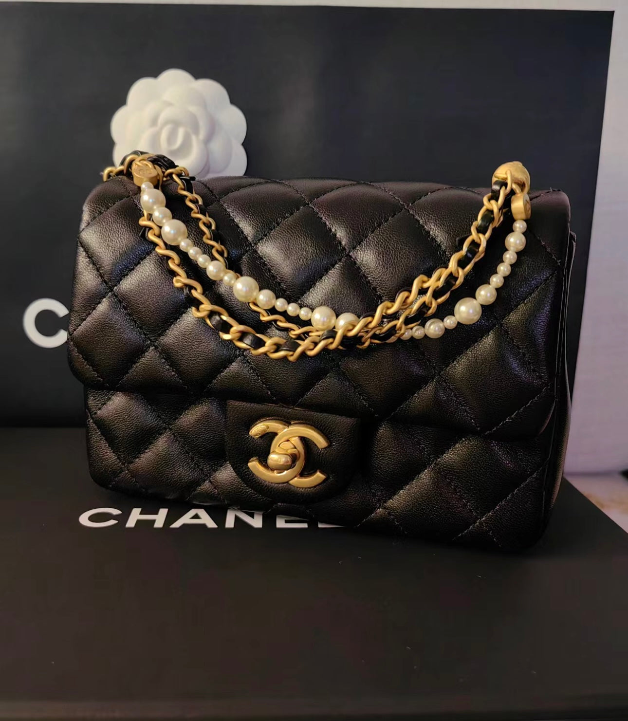 小香家-Chanel 珍珠鍊方胖子 肩背包/手提包 黑色