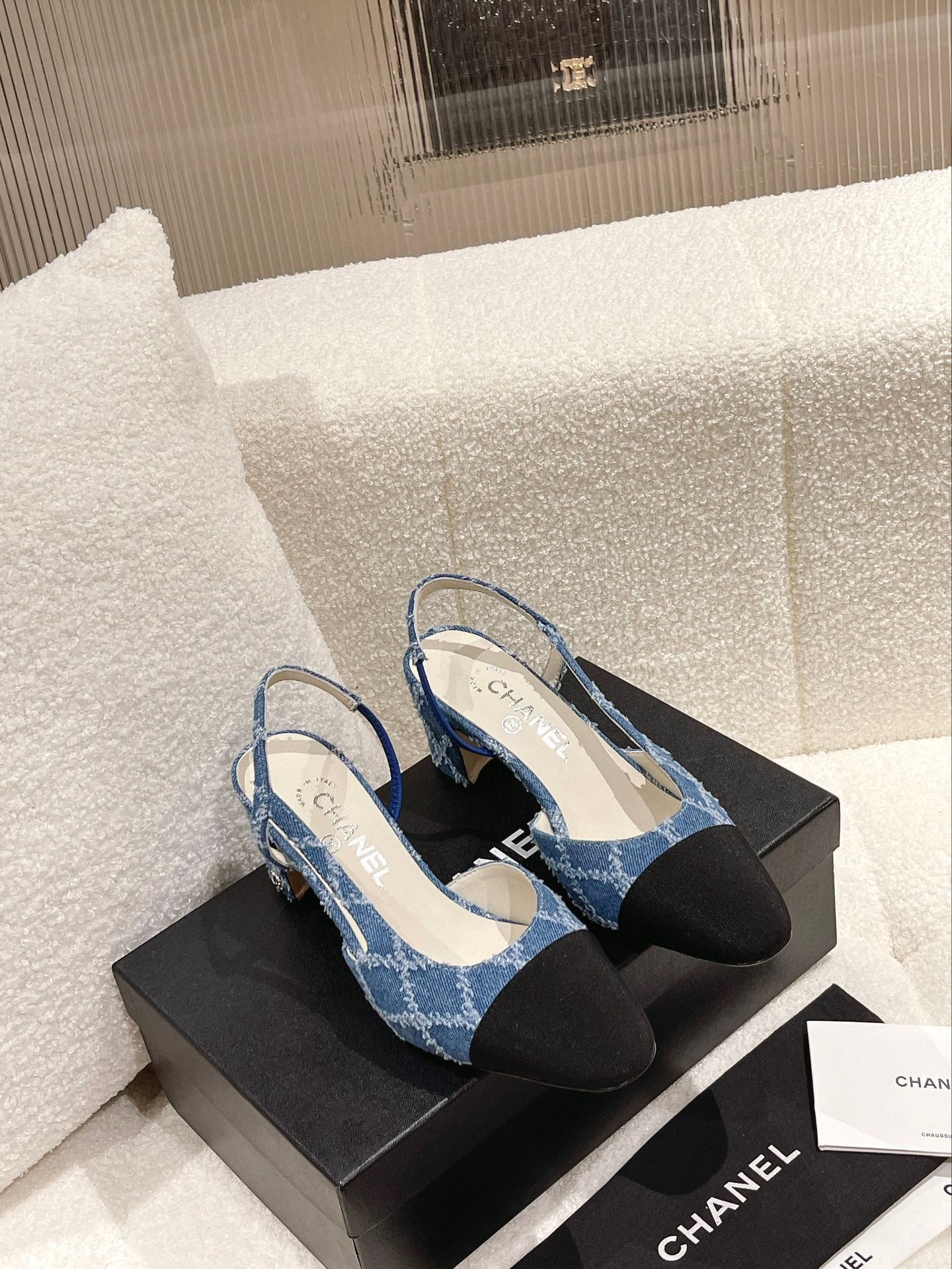 小香家-經典款 slingback 後空拼色低跟涼鞋 藍色