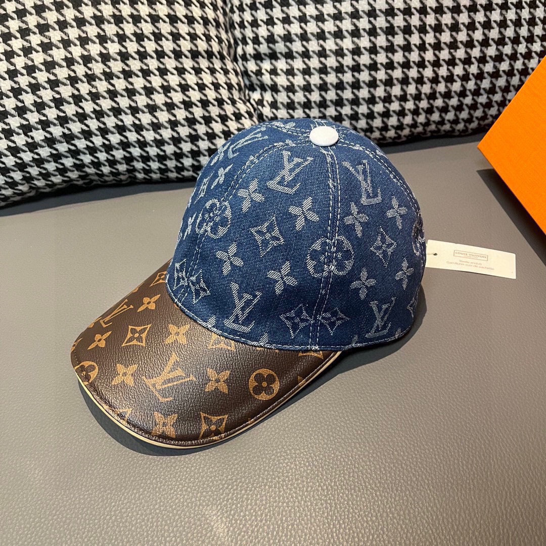 路L家-新款 老花牛仔拼皮鴨舌帽 藍色