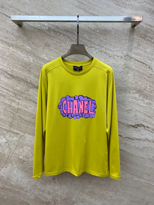 小香家-2403 中古仙人掌印花薑黃色長袖TEE