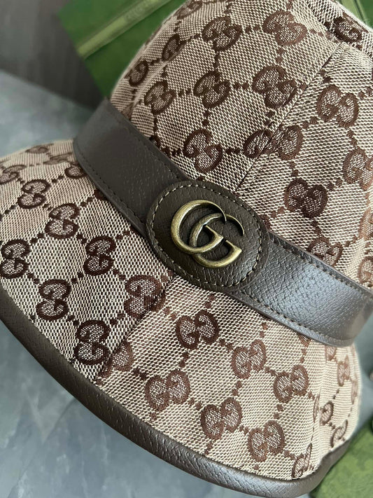 古G家-老花真皮金屬雙G字母漁夫帽 咖啡色