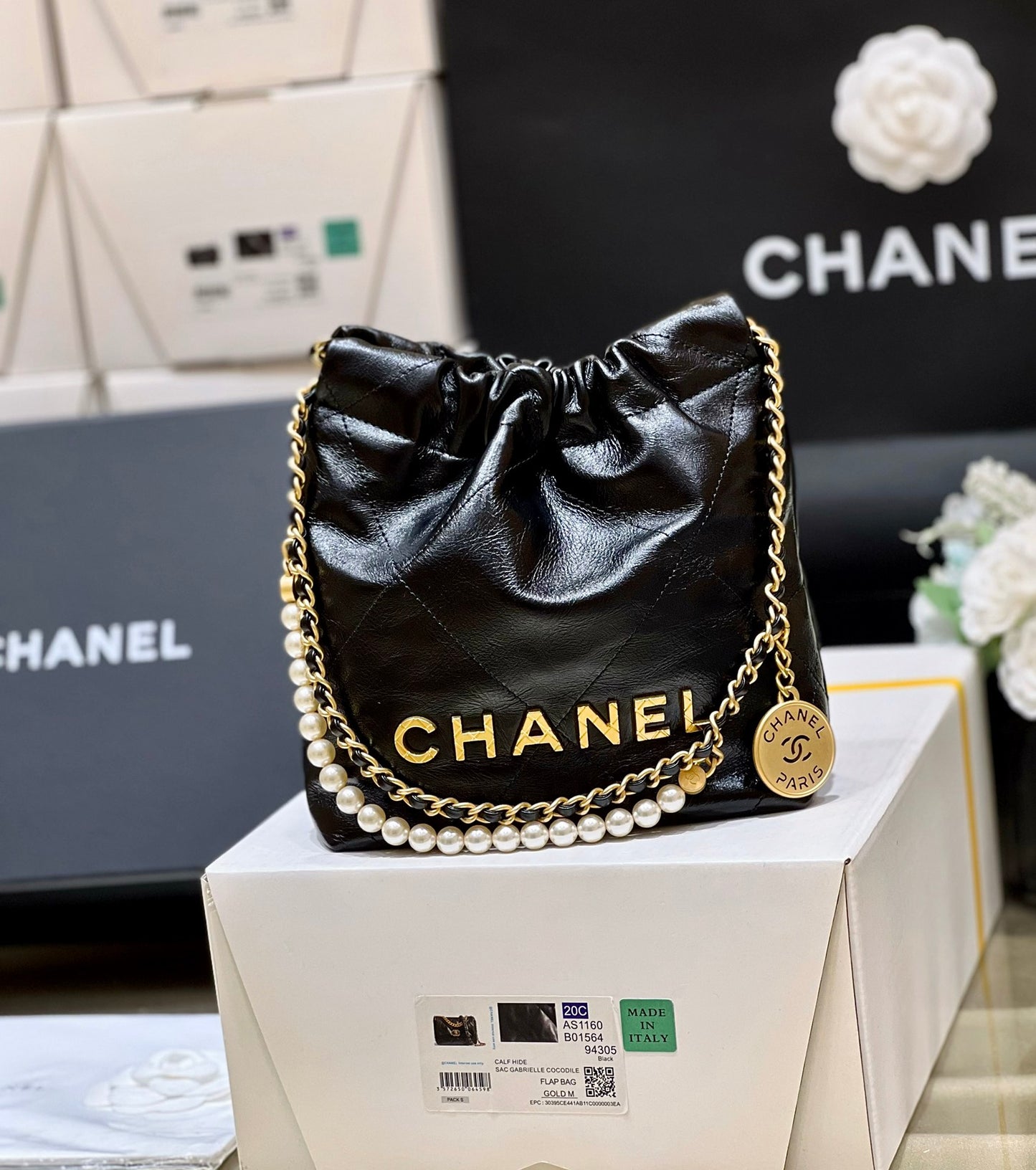 小香家-Chanel 22號手袋 黑色 雙鍊條 珍珠鍊