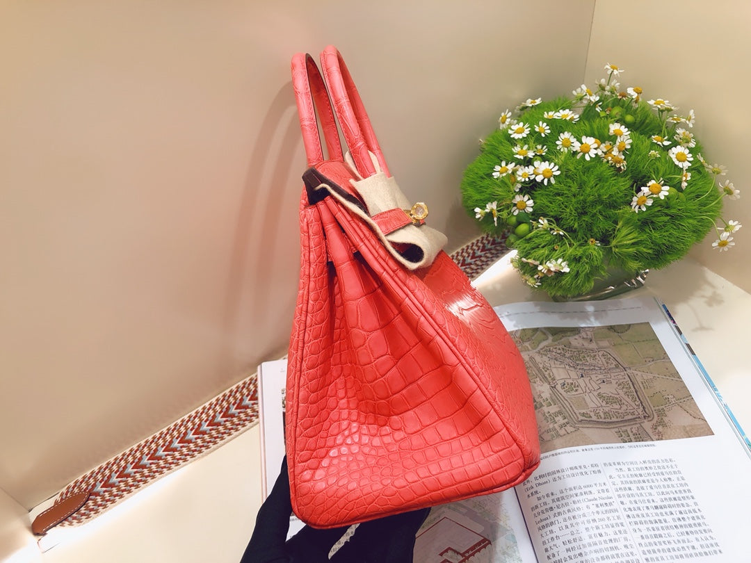 小愛款-Birkin 25 美洲方塊鱷魚 A5 Mat croco handle 杜鵑紅 金扣