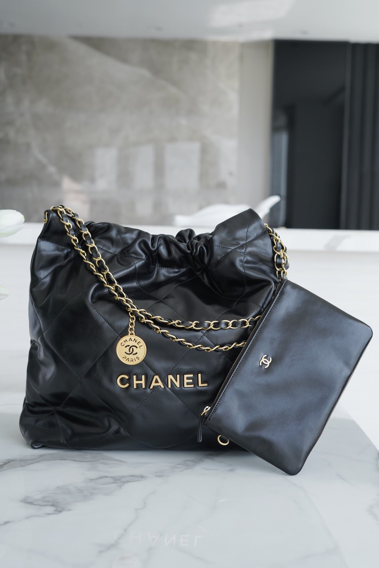 小香家-Chanel 22號手袋 黑金色中號