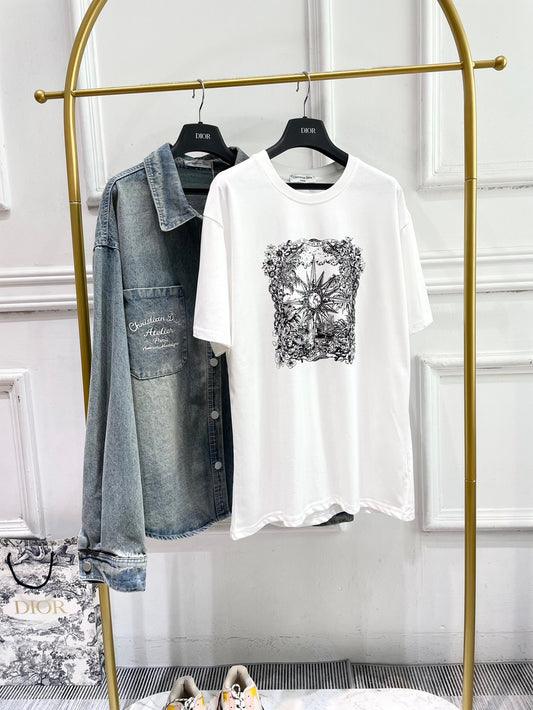 迪D家-2403 刺繡牛仔襯衫外套燙鑽短袖Tee套裝