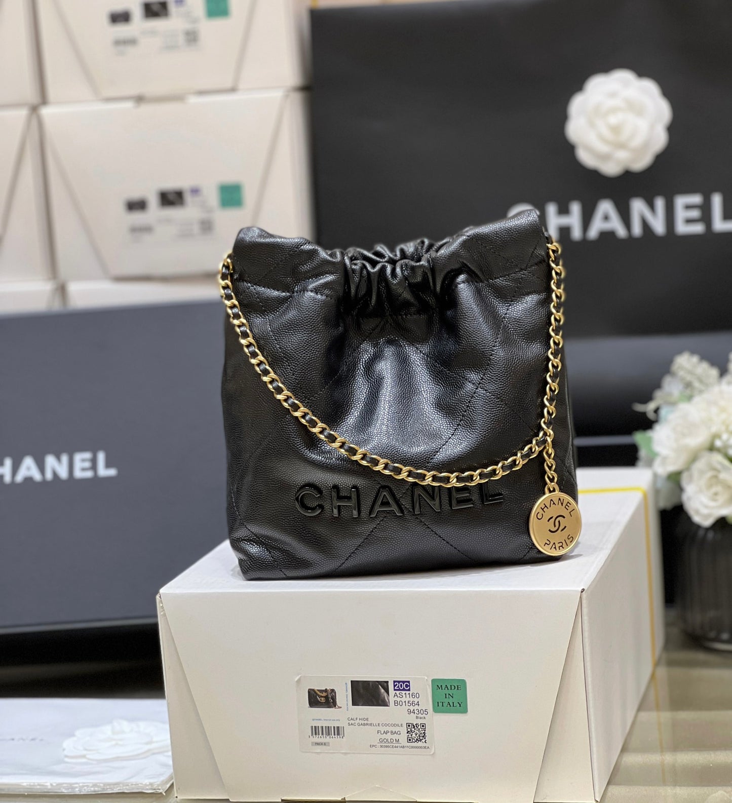 小香家-Chanel 22號手袋 魚子醬皮黑金色 小號